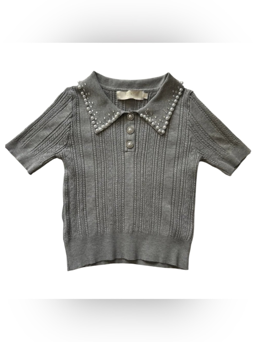 Pearl Rhinestone Collar Short Sleeve shirt (M) Knit Polo Top NEW